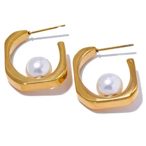 JINYOU 3254 Fashion Imitation Pearls Stainless Steel Square Geometric Huggie Earrings Stain Less Metal Statement Korean Jewelry