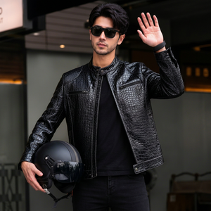 Veste en cuir texturé pour homme Anwar Enterprises, style motard, avec fermeture éclair, col montant, imperméable, coupe-vent, respirante, vintage - Product Image 1