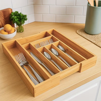 Organisateur de tiroir de cuisine pliable multifonctionnel en bambou moderne à 5 niveaux - Plateau à couverts pour le rangement des ustensiles de cuisine à la maison