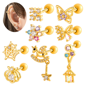 Pendientes <span class=keywords><strong>de</strong></span> cartílago Hengsen <span class=keywords><strong>de</strong></span> oro con diseño <span class=keywords><strong>de</strong></span> flor y mariposa, colgantes largos con circonitas, aretes <span class=keywords><strong>de</strong></span> bola para helix y tragus, joyería para piercing. - Product Image 1