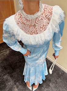 <span class=keywords><strong>Abito</strong></span> <span class=keywords><strong>lungo</strong></span> in <span class=keywords><strong>raso</strong></span> <span class=keywords><strong>azzurro</strong></span> floreale con colletto in pizzo, elegante vestito a sirena a maniche lunghe da donna - Product Image 6