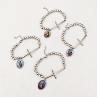Bracelet en acier inoxydable avec perles de chapelet et médaille sainte imprimée, souvenir religieux catholique pour baptême