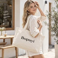 Sac fourre-tout en toile de coton recyclé imprimé sur mesure Miles avec fermeture éclair, poignées en sangle, motif lettres, taille moyenne, vierge, vente en gros