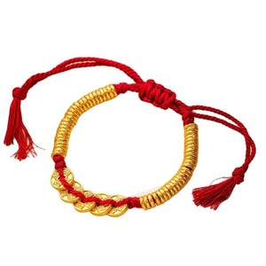 <span class=keywords><strong>Bracelet</strong></span> en or alluvial de style chinois, fil torsadé, méthode ancienne, avec plaque du Dieu de la Richesse dorée et cordon rouge - Product Image 5