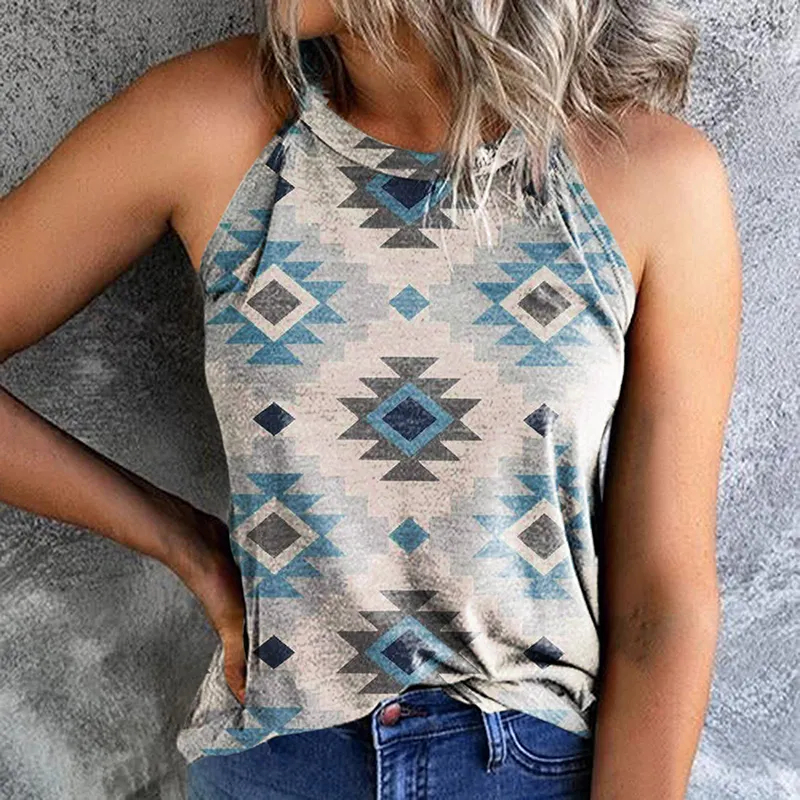 Groothandel Dameskleding 2023 Zomer Losse Retro Mouw Halter Hals Aztec Print Vest Top