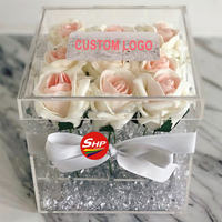 Boîte à roses élégante SHP en acrylique transparent à 9 trous avec tiroir, présentoir carré pour neuf roses éternelles, vente en gros