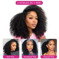 Perruque mi-tête en cheveux humains bouclés afro birmans, sans colle, avec cordon de serrage et clips discrets, idéale pour les débutantes