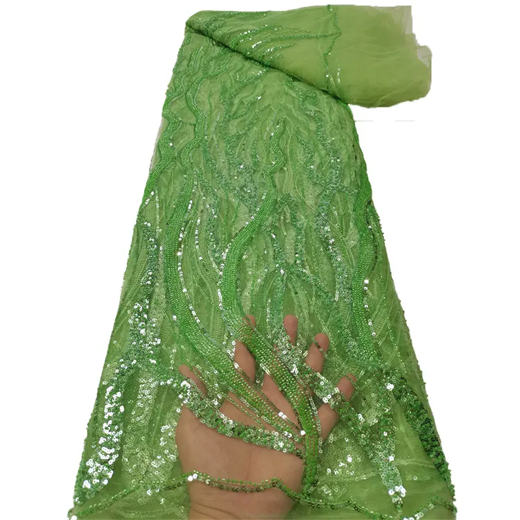 Grüne Perlen Tüll Kristalle Spitze Afrikanische Tüll Perlen Bestickter Spitzens toff mit Pailletten für Kleid