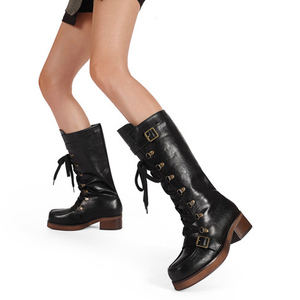 Western Style Women Lace up Boots Belt Metal Buckles Cowboy Knee High Long <b>Booties</b> Ladies Low Chunky Heels Shoes - Product Image 6
