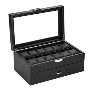 Caja de reloj organizador almacenamiento joyería de lujo doble capa 24 ranuras caja de fibra de carbono PU negro caja de exhibición gabinete de vidrio cuadrado - Product Image 2