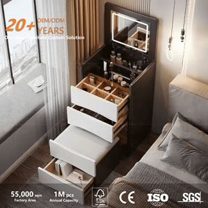 Coiffeuse de chambre compacte haut de gamme personnalisée <span class=keywords><strong>avec</strong></span> miroir LED rabattable, table de maquillage multifonctionnelle et ottomanes de rangement - Product Image 2