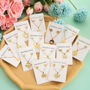 2024 Fashion Jewelry Stainless Steel Minimalist Necklace Gold Heart Butterfly Earrings Necklace Set With Card