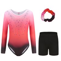 Ensemble de 3 pièces de justaucorps de gymnastique pour enfants avec logo personnalisé B69, dégradé de couleurs, strass, short et bandeau pour la danse et la gymnastique