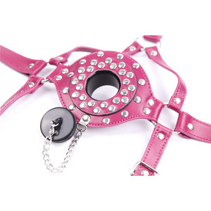 Adult product, fuchsia erotic leather <b>gag</b>, harness, capped <b>gag</b>, multi-studded restraint <b>gag</b>, SM restraint <b>gag</b> <b>ring</b> - Product Image 4
