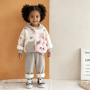 Completo Casual Autunno Inverno per Ragazze: Giacca con Cappuccio e Zip con Stampa Coniglio e Pantaloni in Maglia Felpati con Polsini in <span class=keywords><strong>Pile</strong></span> - Product Image 4