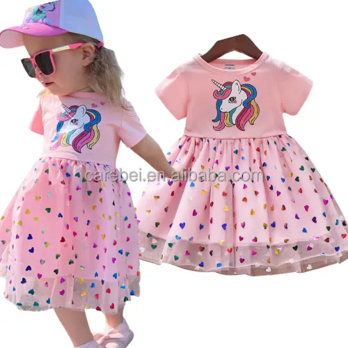 1-7 Years Short Sleeves Girls Summer Lace Tutu Skirt Unicorn Cotton Mesh Princess Dresses Kids Dresses For Girls Birthday