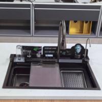 Évier de cuisine moderne à cuve unique, design cascade noir, évier de cuisine multifonctionnel en acier inoxydable
