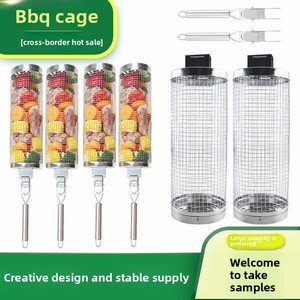 Cesta de asar rodante de acero inoxidable <span class=keywords><strong>con</strong></span> asa, rejilla cilíndrica de malla de alambre para vegetales y carne, para camping y barbacoa al aire libre - Product Image 1