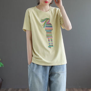 Women's Loose Round Neck Short Sleeve T-Shirt Gray Girl Colorful Embroidery Summer Fashion Casual Wear - Product Image 3