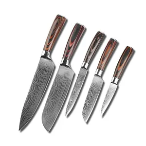 Top Rated Gift Custom Logo Ergonomic Wood Handle 8pcs Kitchen Chef Knives Super Stainless Steel Damascus Knife Set