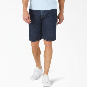 Shorts en jean bleu foncé pour homme, coupe droite, taille mi-haute, décontracté, été, coton respirant, tissu tissé - Product Image 1