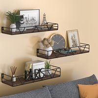 Paquete de 3 Estantes Flotantes Rústicos de Pared, Estantes de Almacenamiento de Metal Industrial con Rejilla Protectora de Madera para Baño