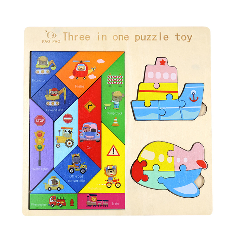 Rompecabezas 3 en 1 con temática de transporte