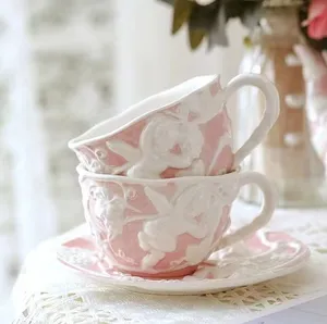 European court style fairy embossed blue pink porcelain afternoon coffee tea cup with saucer Britain vintage coffee tea mug