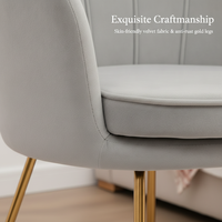 Chaise d'appoint de salon en métal doré rembourrée en tissu de velours en forme de coquille avec fonction de refroidissement