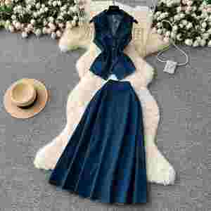 Ensemble d'été pour femmes : Tunique sans manches style romain et jupe plissée en jean taille haute – Vente en gros - Product Image 1