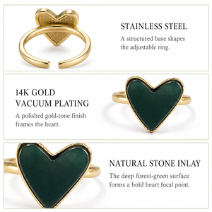 <b>Green</b> Natural Stone Heart <b>Ring</b> Stainless Steel 14K Gold Vacuum Plated Adjustable Statement <b>Ring</b> - Product Image 3