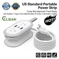 Clieam Grosir Stop Kontak Portabel Standar AS untuk Kapal Pesiar 2 Stop Kontak AC 2 Port USB 1 PD 20W Tipe-C Kabel Ekstensi Perjalanan