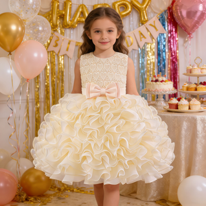 Abito da <span class=keywords><strong>Cerimonia</strong></span> per Bambina con Cuore in Pizzo e Fiore, Vestito Formale in Raso e Pizzo con Fiocco, Abbigliamento per Bambini all'Ingrosso - Product Image 6