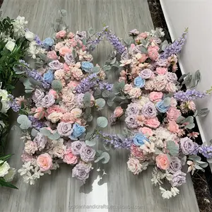 QSLH-T284 Kunstmatige Zoete Roze En Blauwe Bloem Rij Macaroon Kleur Rose Flower Runner Voor Bruiloft Tafeldecoratie