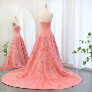 Lông Sang Trọng Dubai San Hô Màu Hồng Buổi Tối Dresses 3D Hoa Người Yêu Dài Phụ Nữ Wedding Trang Phục Chính Thức Đảng Dress Sz470-2 - Product Image 4