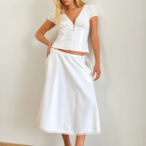 Customized Vintage Corset-Inspired Button Front Short Sleeve <strong>White</strong> <strong>Lace</strong> Trim <strong>Crop</strong> <strong>Top</strong> - Product Image 1