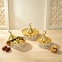 Gouden & witte ijzeren snoepdoos met deksel, halvemaan & sterpatroon, dienblad voor gedroogd fruit, Arabische feestelijke huisdecoratie, Ramadan dienblad