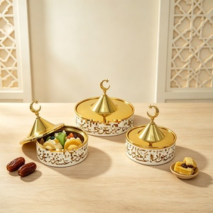 Goldene & Weiße Eisen-Bonboniere mit Deckel, Halbmond- & Sternmuster, Trockenfrüchte-Snack-Tablett, Arabische Festliche Heimdekoration, Ramadan-Tablett - Product Image 1