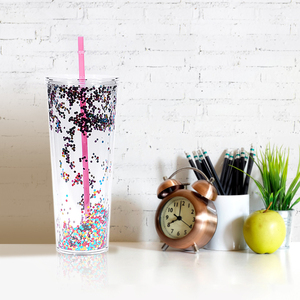 24 oz Custom logo skinny tumble tumbler plastic glitter tumbler cup with straw