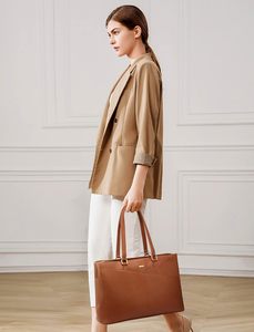 Sac fourre-tout pour ordinateur portable en <span class=keywords><strong>cuir</strong></span> PU imperméable de 15.6 pouces pour femmes mallette de travail de bureau avec étui en tissu PC fermeture à glissière marron - Product Image 3