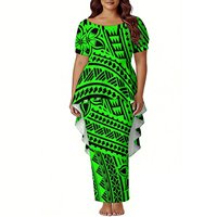 Ensemble deux pièces Puletasi sur mesure, imprimé tribal polynésien intégral, col bateau, manches courtes, tunique évasée irrégulière
