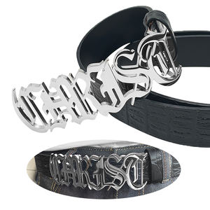 メンズ ゴシック ロゴ ステンレス スチール ベルト バックル カスタム レター デザイン 刻印 ブラック レザー ベルト - Product Image 1
