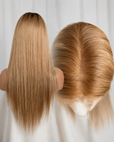 Perruques en cheveux humains vierges de qualité supérieure, avec base en silicone et dentelle complète, couleur mélange chocolat brun et blond cendré, pour femmes