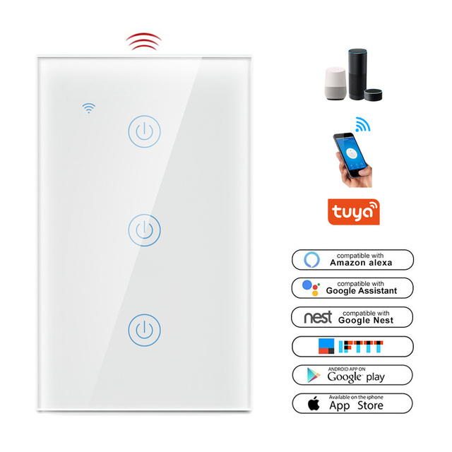LEDEAST DS-121BW-3 Home Switches US Standard 3 Gang Smart WiFi Light Touch Switch No Hub Smart Wall Light Switch