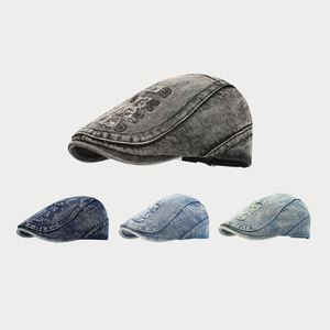 Distressed Denim Beret Hat Washed Fashion Jean Fabric Letter Design <b>Flat</b> Top Ivy Hat - Product Image 2