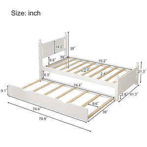 Lit plateforme en bois massif avec lit gigogne blanc pour chambre d'enfant, taille enfant - Product Image 5