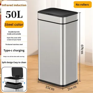 Contenedor de <span class=keywords><strong>Basura</strong></span> Inteligente de Acero Inoxidable de Gran Capacidad (<span class=keywords><strong>30L</strong></span>, 40L, 50L) con Ruedas, Automático, para Uso Comercial - Product Image 6