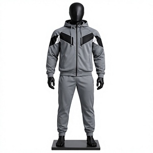 Ensemble jogging pour homme en maille grise d'hiver avec capuche et fermeture éclair, vêtements de sport décontractés, sweat-shirt et pantalon de jogging - Product Image 1