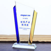Plaque de trophée en verre cristal bleu et jaune vierge avec design de personnage de film et de télévision imprimé UV