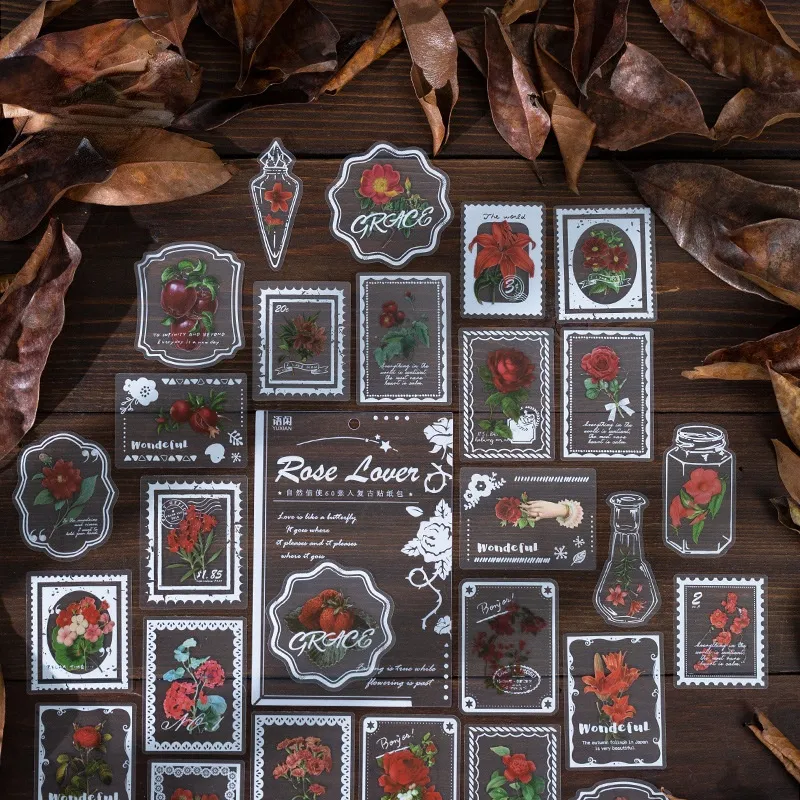 Retro Literaire Bloem Plant Huisdier Sticker Creatieve Hand Account Diy Materiaal Decoratieve Stickers 60 Stuks
